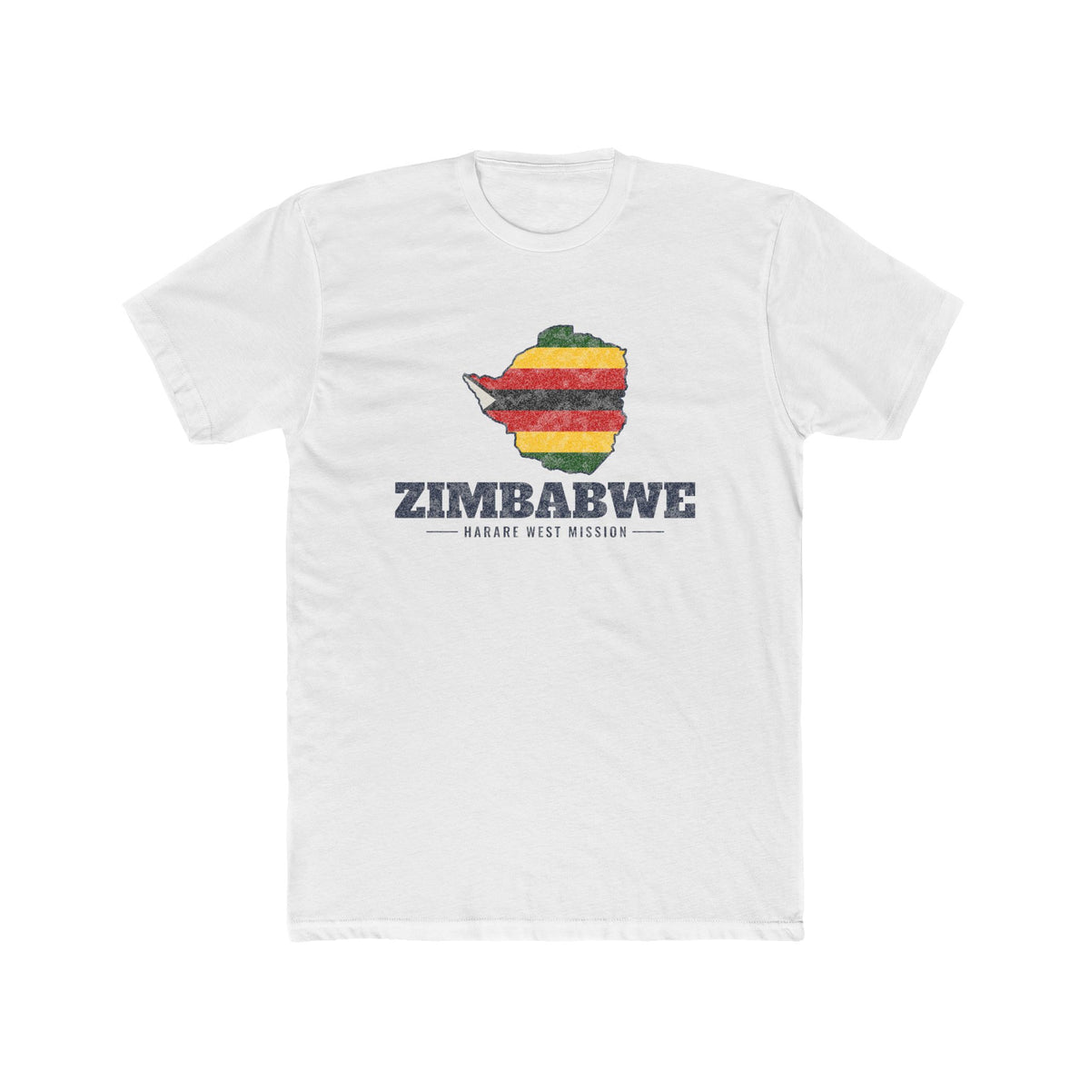 Zimbabwe Harare West Mission Flag Map shirt in White: flag of Zimbabwe in the outline of Zimbabwe with navy lettering, front view