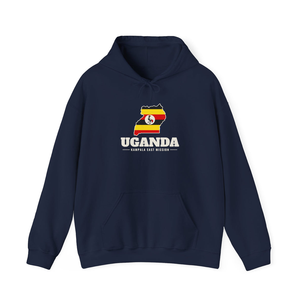 Uganda Kampala East Mission Flag Map Hoodie in Navy, front view with the flag map and mission name