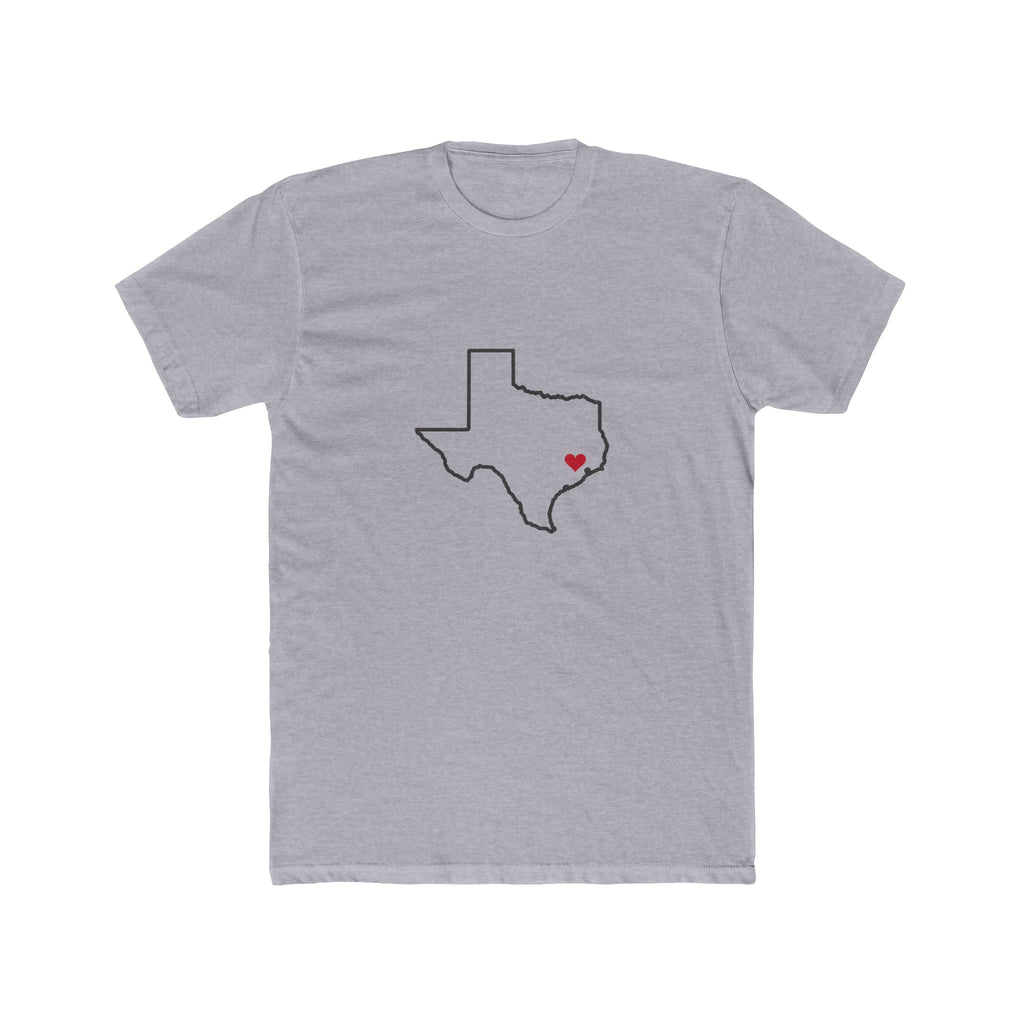 Texas Houston North Mission Heart Map shirt in Heather Grey: Texas outline with a red heart, front view
