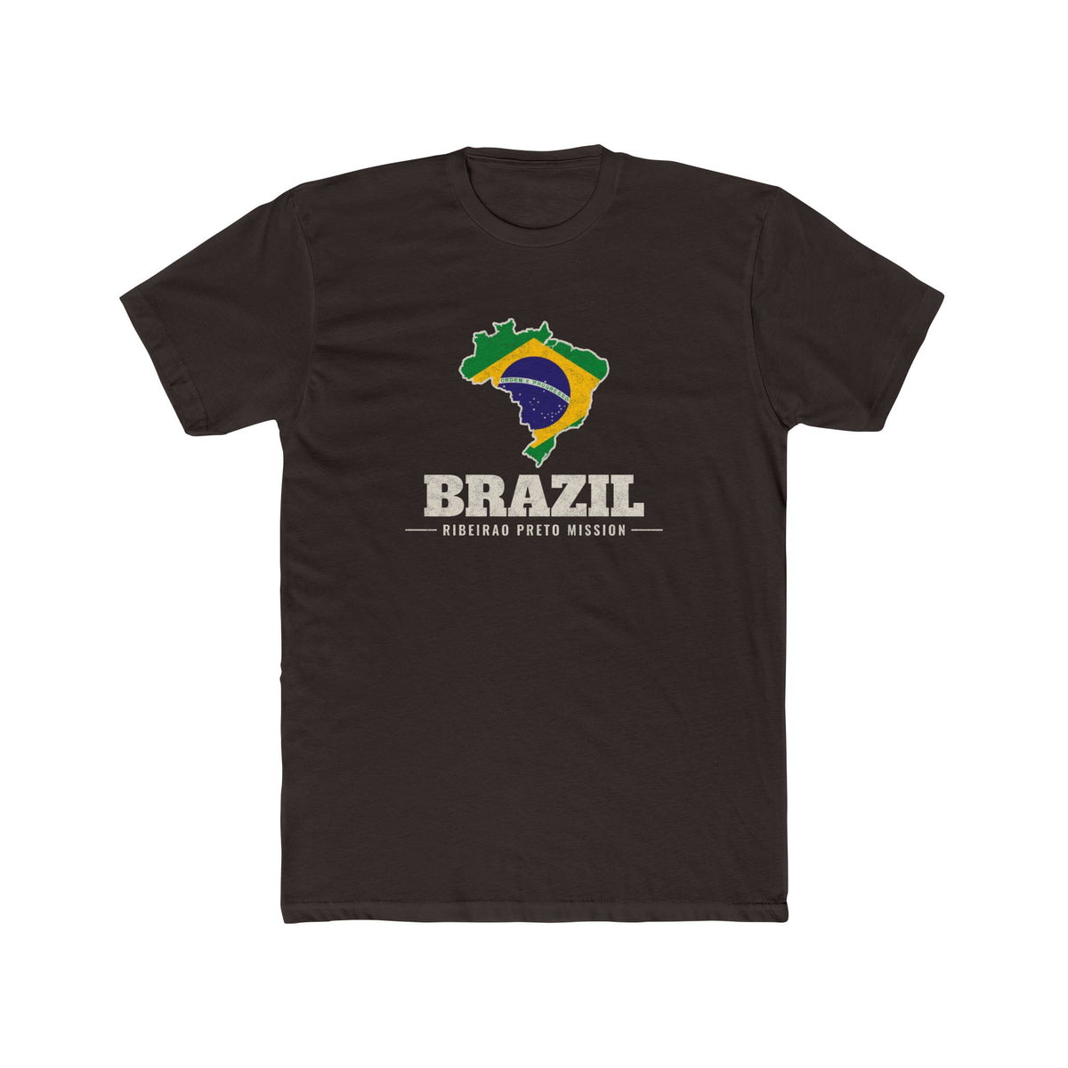 Brazil Ribeirao Preto Mission Flag Map shirt in Dark Chocolate: flag of Brazil in the outline of Brazil with cream lettering, front view