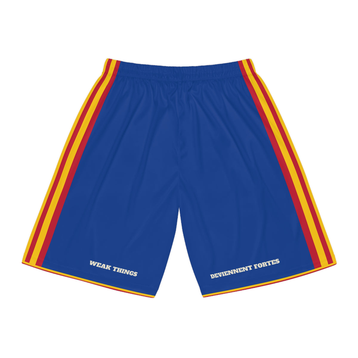 Democratic Republic of the Congo Kananga Mission Basketball Shorts, back view with WEAK THINGS and DEVIENNENT FORTES on the legs