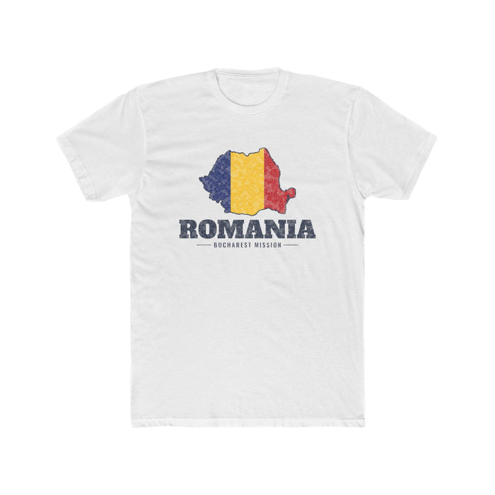 Romania Bucharest Mission Flag Map shirt in White: flag-filled map printed on the front