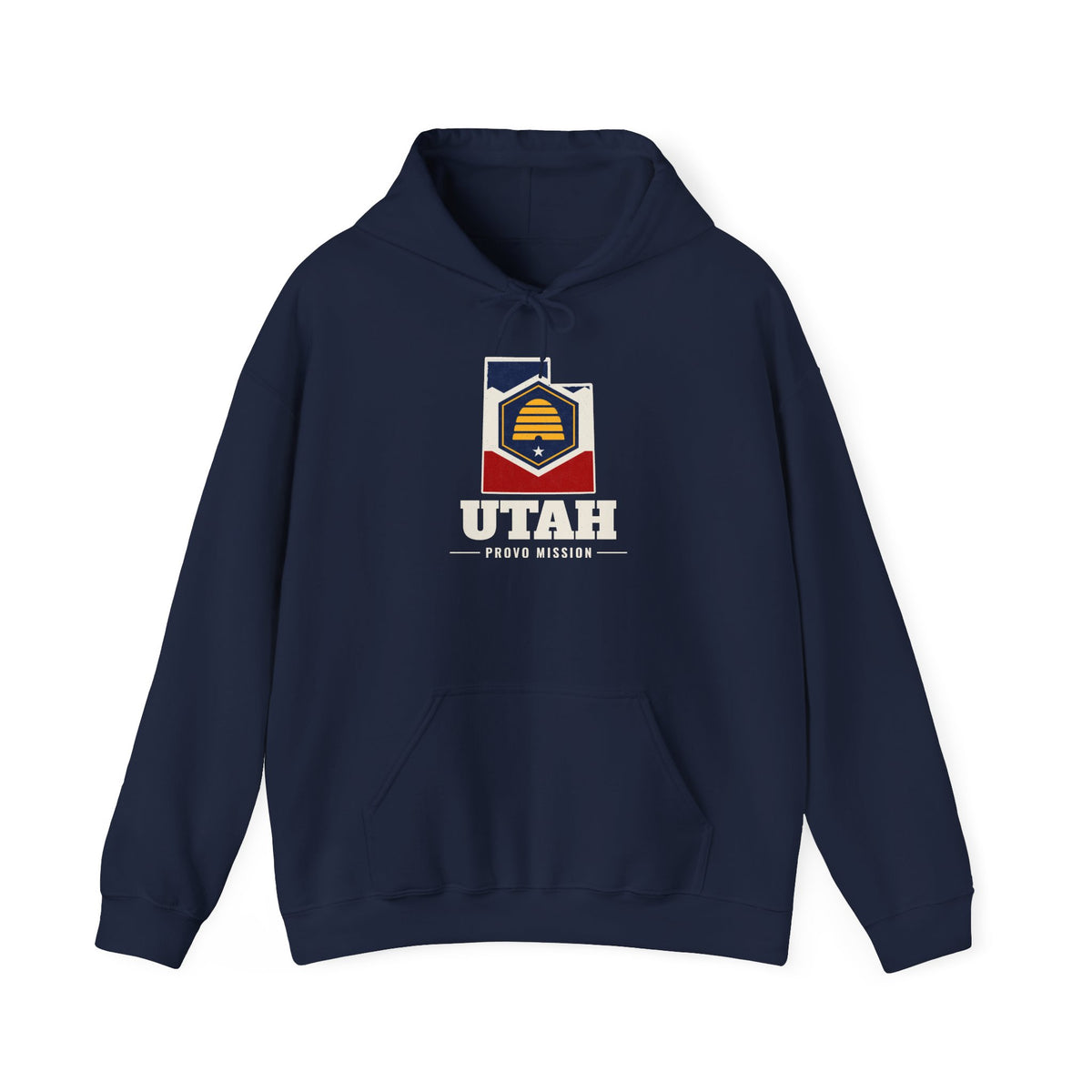 Utah Provo Mission Flag Map Hoodie in Navy, front view with the flag map and mission name