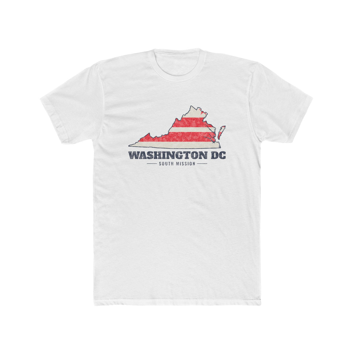 Washington DC South Mission Flag Map shirt in White: flag of Washington, D.C. on a map of the capital region with navy lettering, front view