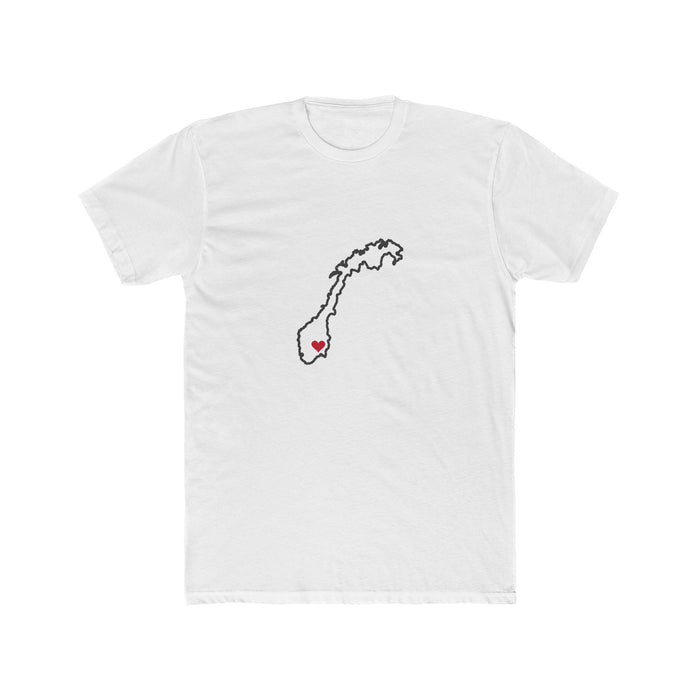 Norway Oslo Mission Heart Map shirt in White: Norway outline with a red heart, front view