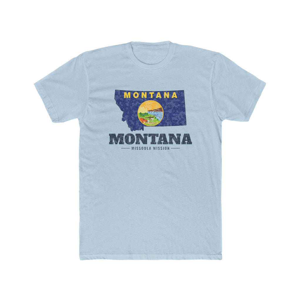 Montana Missoula Mission Flag Map shirt in Desert Pink: Montana state flag in the outline of Montana with navy lettering, front view