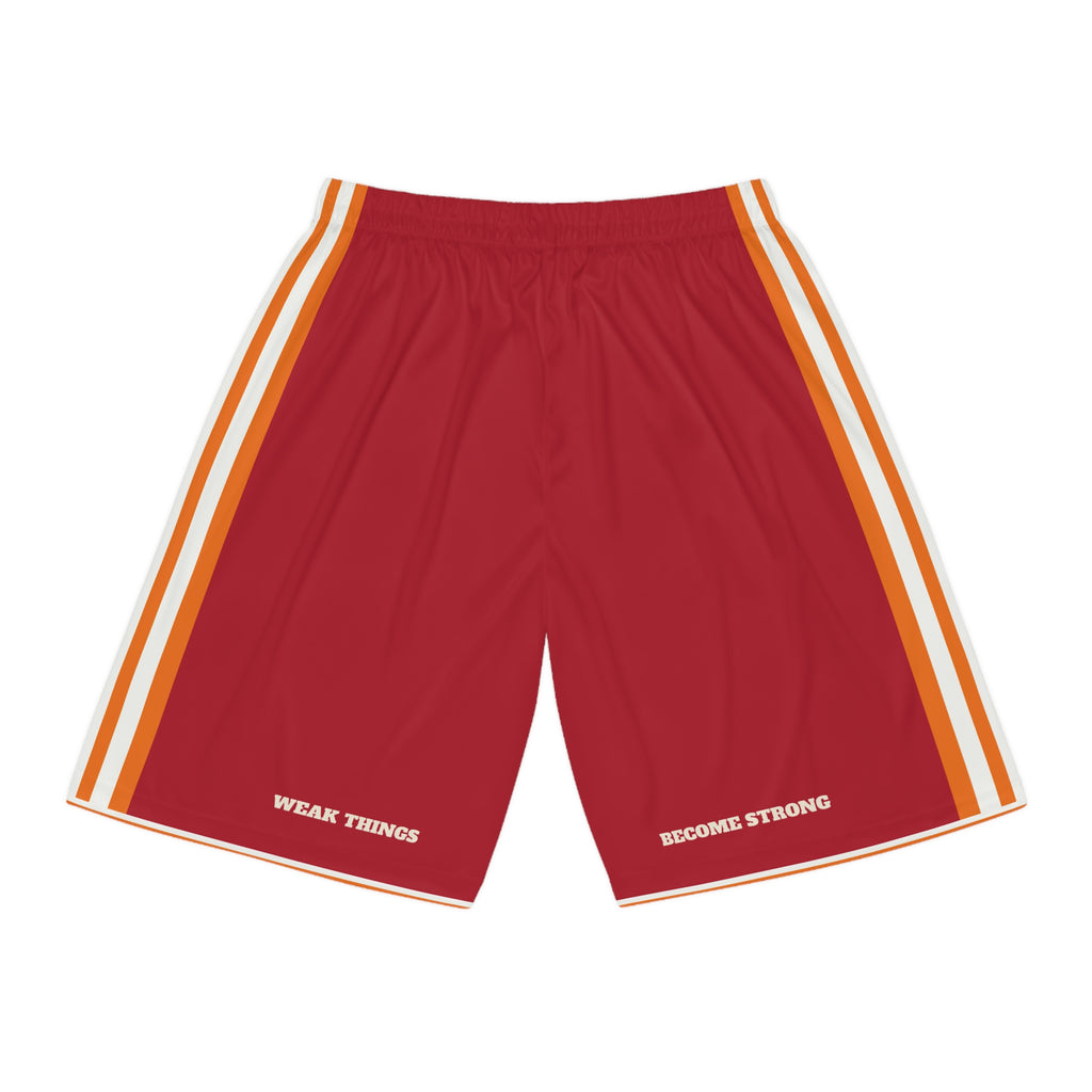 California Riverside Mission Basketball Shorts, back view with WEAK THINGS and BECOME STRONG on the legs