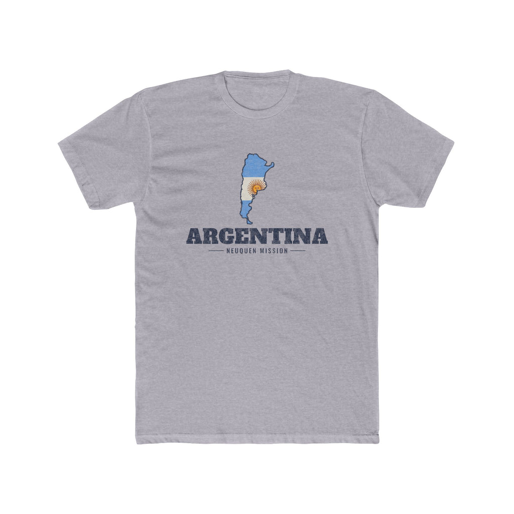 Argentina Neuquen Mission Flag Map shirt in Heather Grey: flag of Argentina in the outline of Argentina with navy lettering, front view
