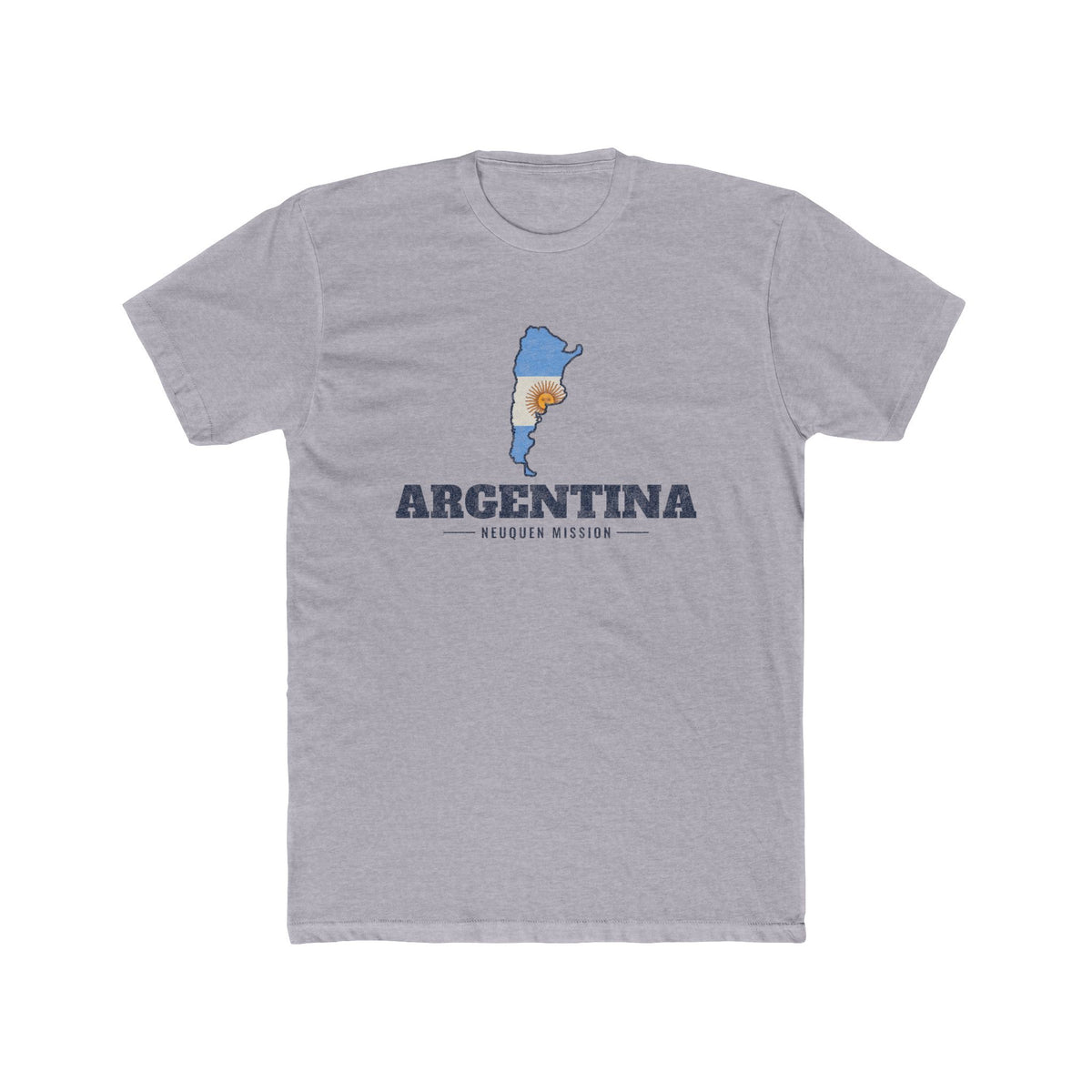 Argentina Neuquen Mission Flag Map shirt in Heather Grey: flag of Argentina in the outline of Argentina with navy lettering, front view