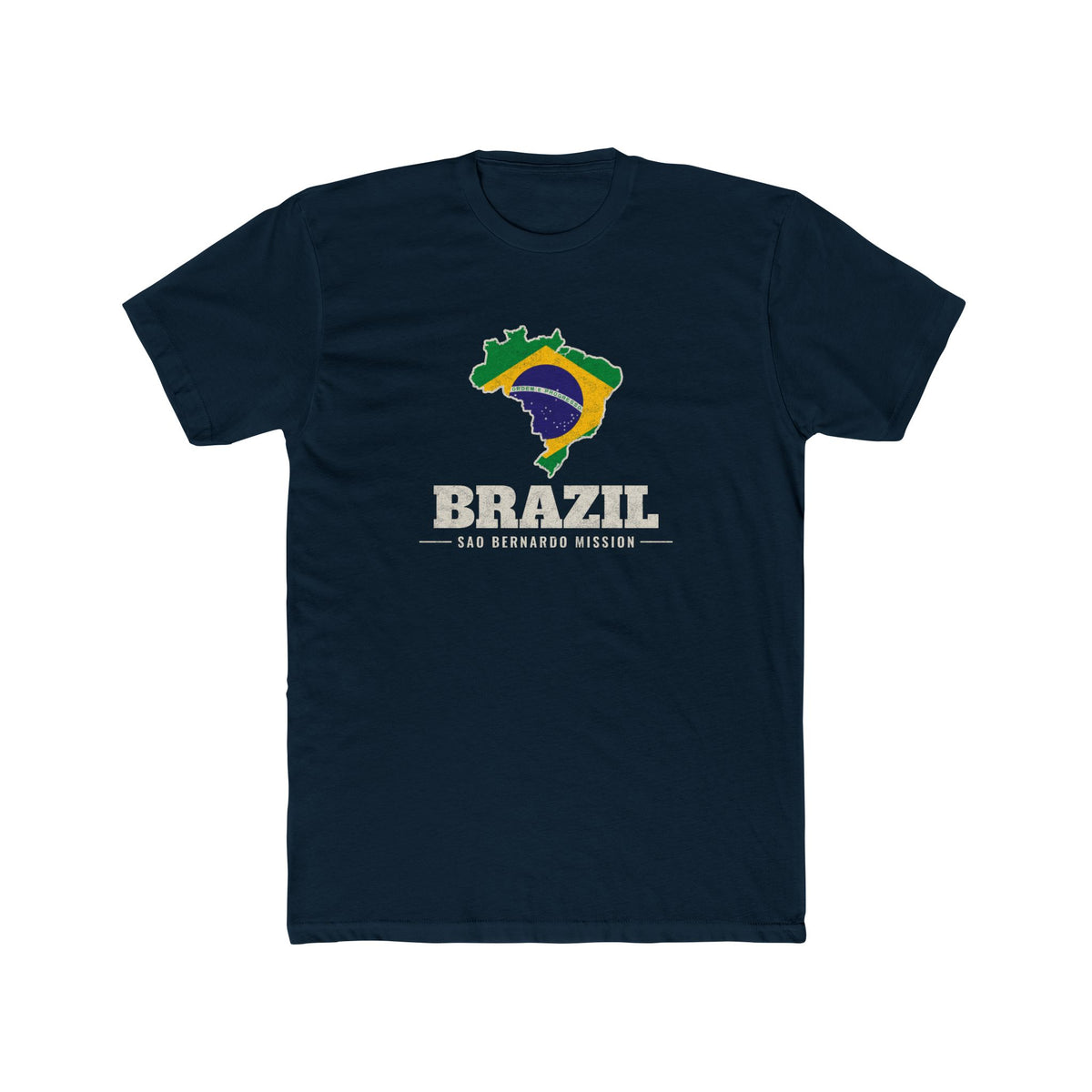 Brazil Sao Bernardo Mission Flag Map shirt in Black: flag of Brazil in the outline of Brazil with cream lettering, front view