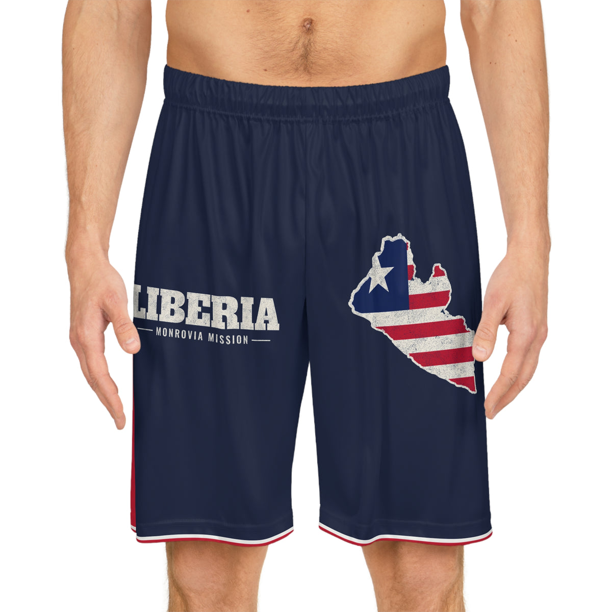 Liberia Monrovia Mission Basketball Shorts, worn, front view