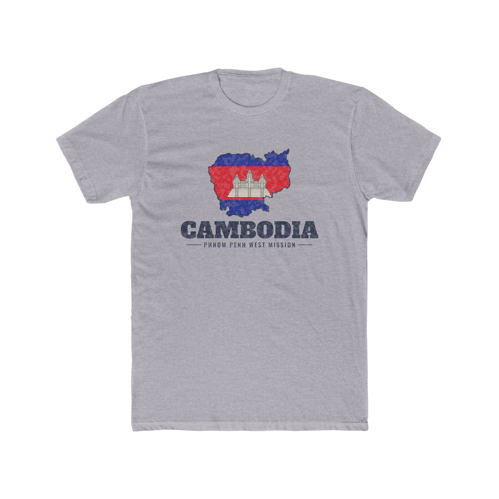 Cambodia Phnom Penh West Mission Flag Map shirt in Heather Grey: flag of Cambodia in the outline of Cambodia with navy lettering, front view