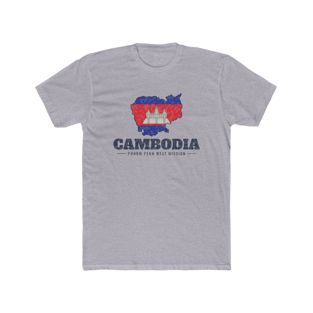 Cambodia Phnom Penh West Mission Flag Map shirt in Heather Grey: flag of Cambodia in the outline of Cambodia with navy lettering, front view