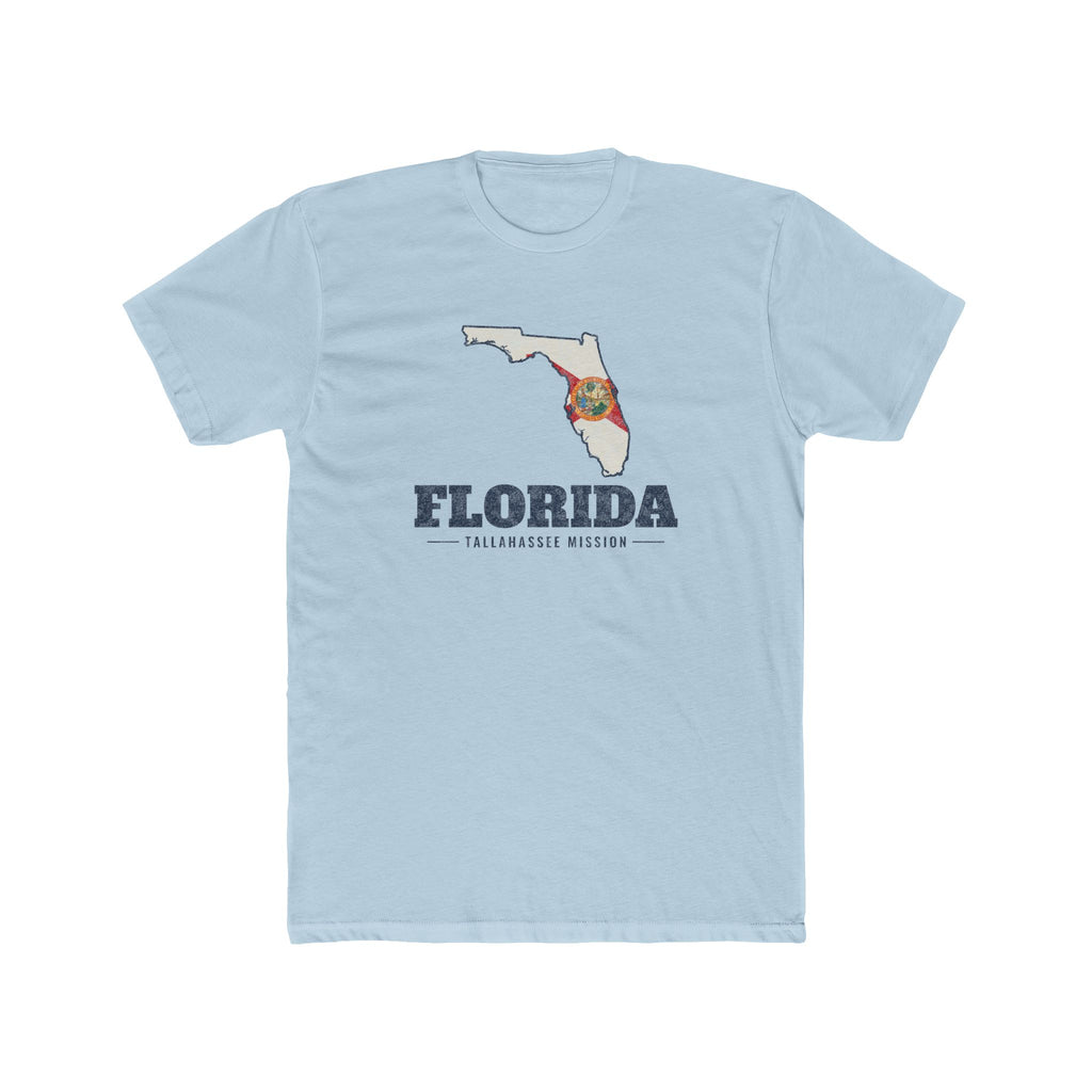 Florida Tallahassee Mission Flag Map shirt in Desert Pink: Florida state flag in the outline of Florida with navy lettering, front view