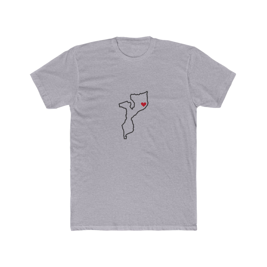 Mozambique Nampula Mission Heart Map shirt in Heather Grey: Mozambique outline with a red heart, front view