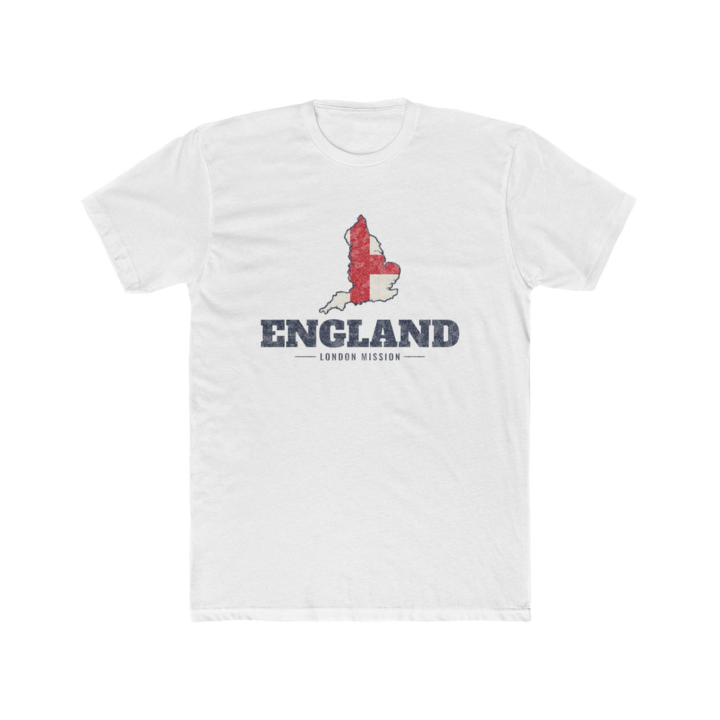 England London Mission Flag Map shirt in White: flag of England in the outline of England with navy lettering, front view