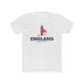 England London Mission Flag Map shirt in White: flag of England in the outline of England with navy lettering, front view
