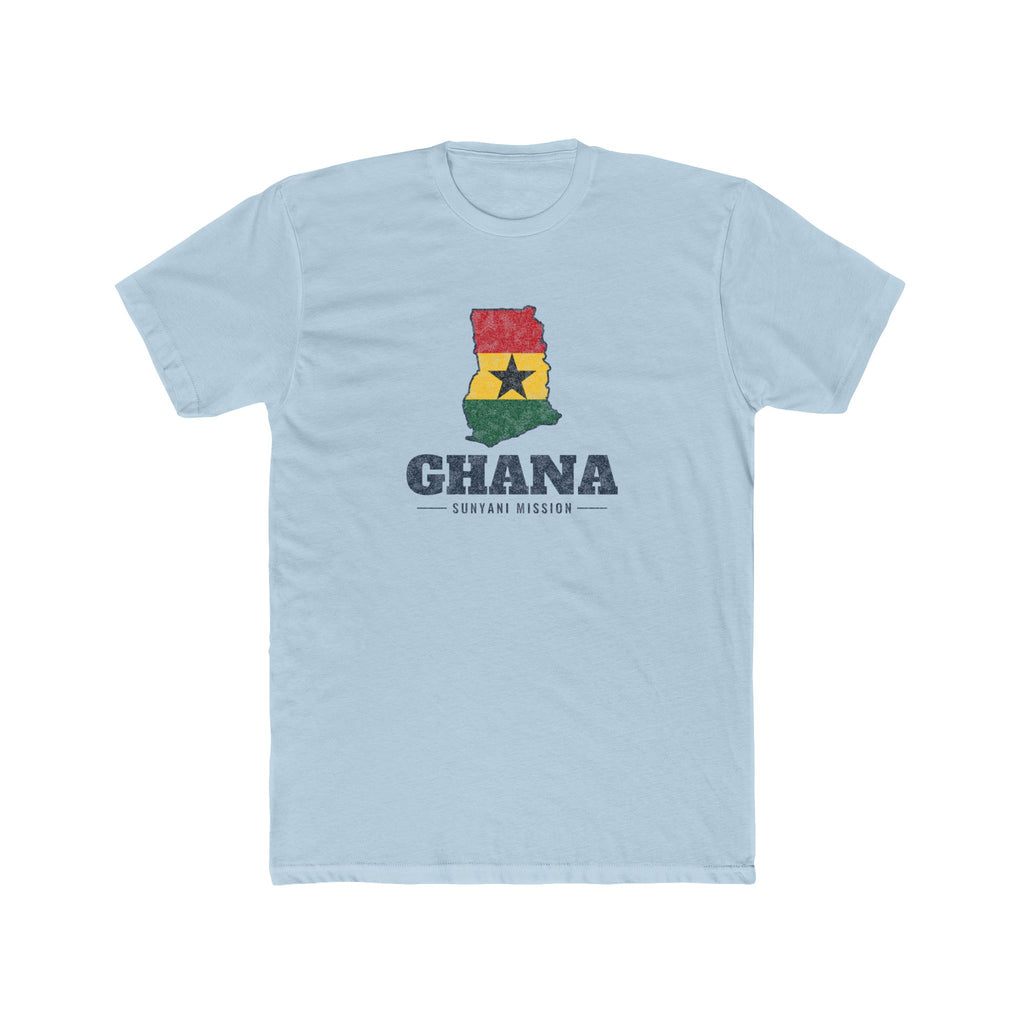 Ghana Sunyani Mission Flag Map shirt in Desert Pink: flag of Ghana in the outline of Ghana with navy lettering, front view