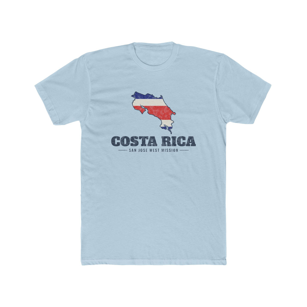 Costa Rica San Jose West Mission Flag Map shirt in Desert Pink: flag of Costa Rica in the outline of Costa Rica with navy lettering, front view