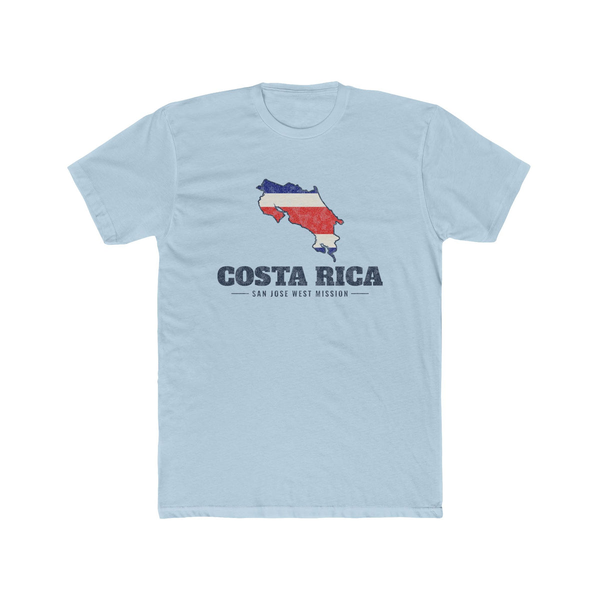 Costa Rica San Jose West Mission Flag Map shirt in Desert Pink: flag of Costa Rica in the outline of Costa Rica with navy lettering, front view