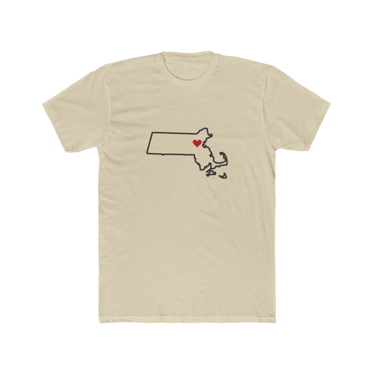 Massachusetts Boston Mission Heart Map shirt in Cream: Massachusetts outline with a red heart, front view