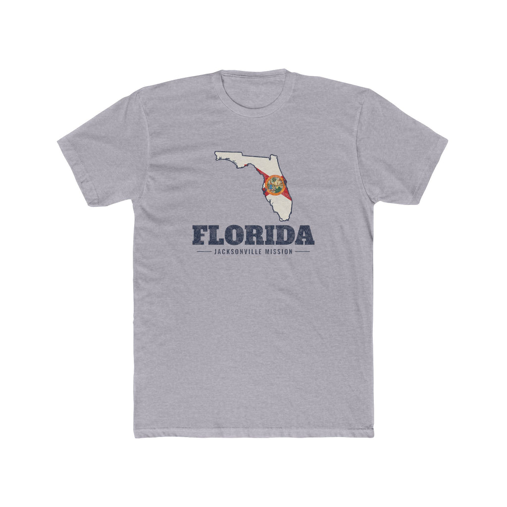 Florida Jacksonville Mission Flag Map shirt in Heather Grey: Florida state flag in the outline of Florida with navy lettering, front view
