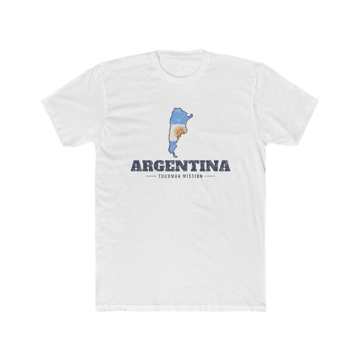 Argentina Tucuman Mission Flag Map shirt in White: flag of Argentina in the outline of Argentina with navy lettering, front view
