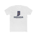 Indiana Indianapolis Mission Flag Map shirt in White: Indiana state flag in the outline of Indiana with navy lettering, front view