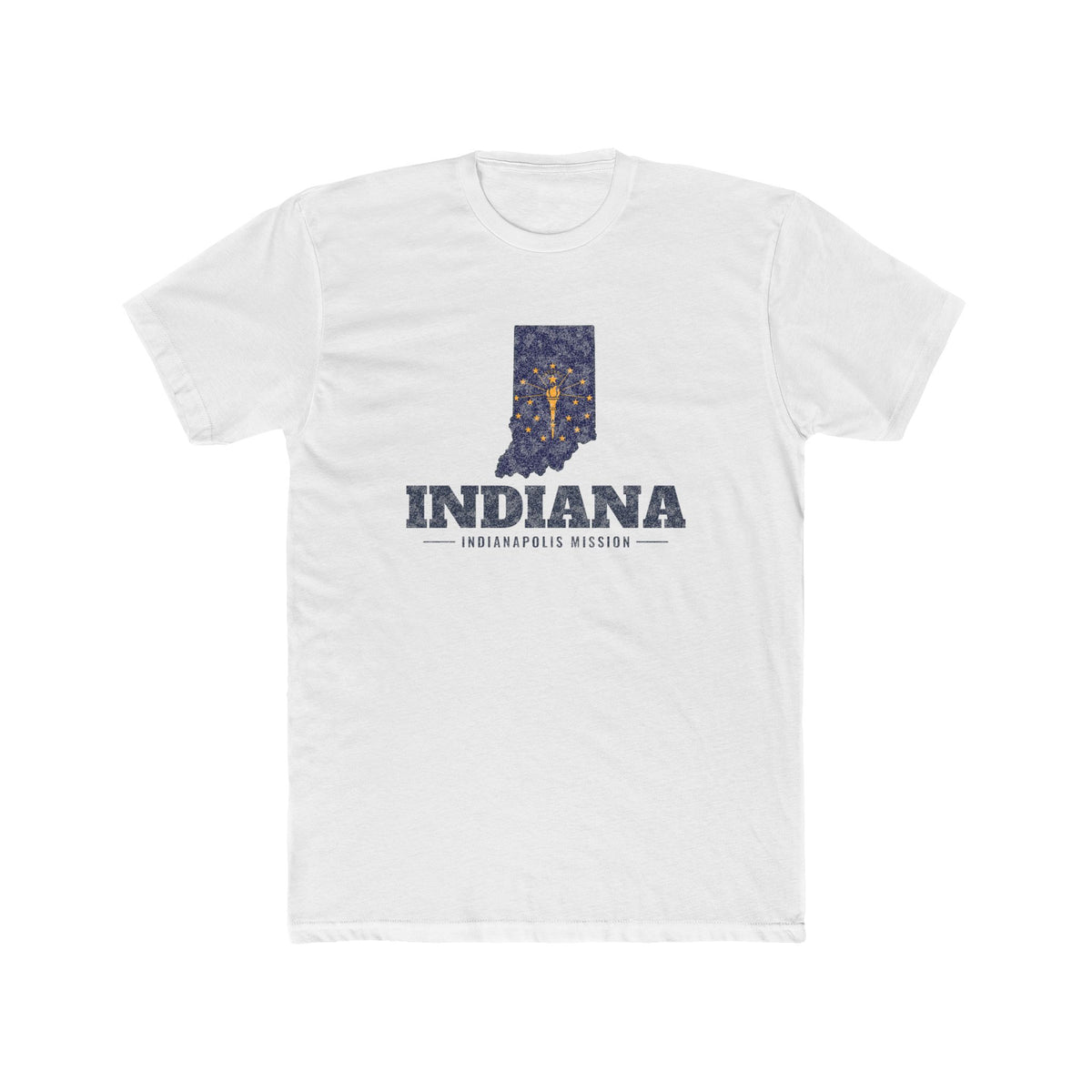 Indiana Indianapolis Mission Flag Map shirt in White: Indiana state flag in the outline of Indiana with navy lettering, front view