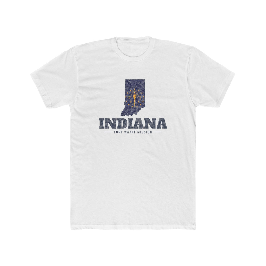 Indiana Fort Wayne Mission Flag Map shirt in White: Indiana state flag in the outline of Indiana with navy lettering, front view