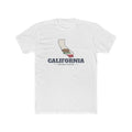 California Arcadia Mission Flag Map shirt in White: California state flag in the outline of California with navy lettering, front view