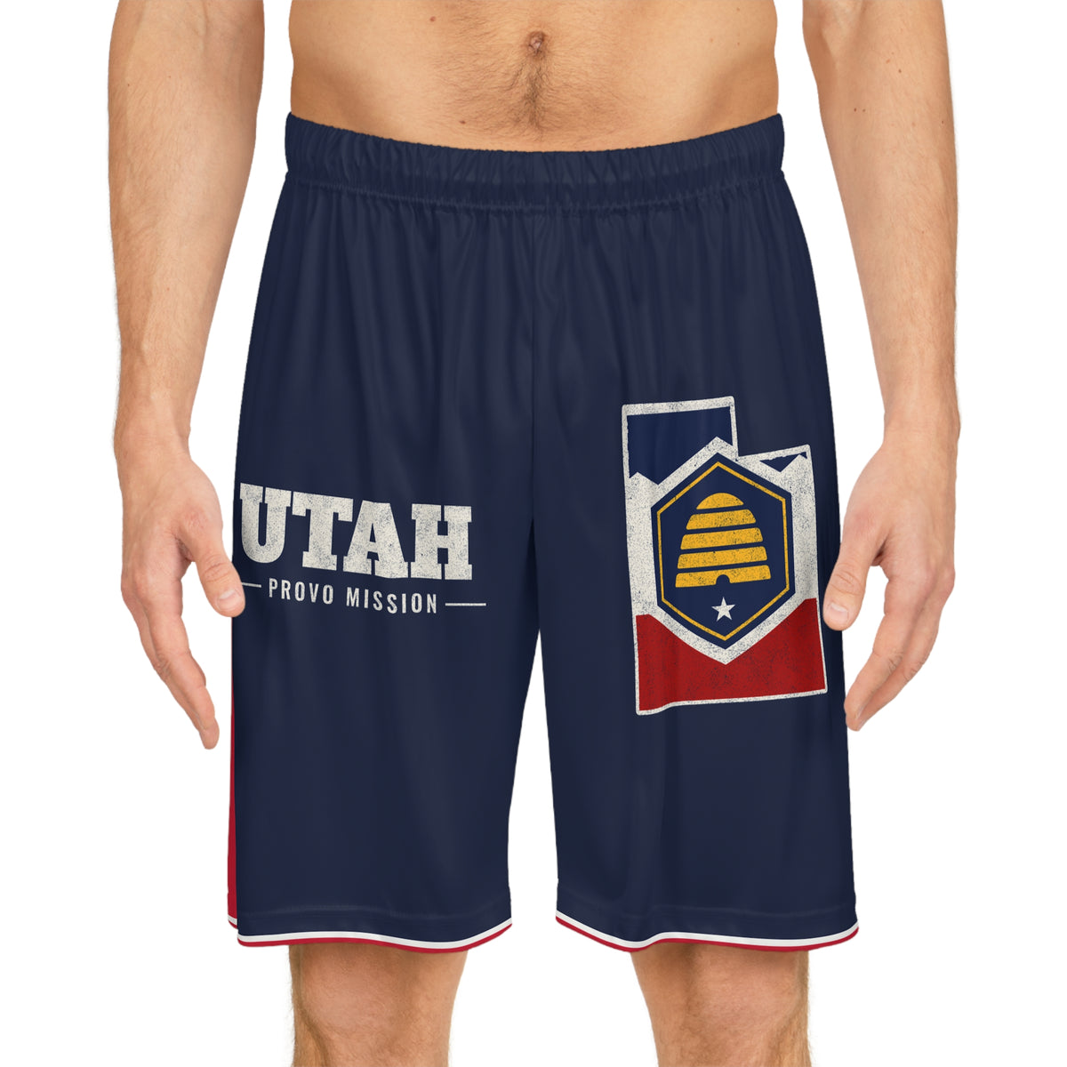Utah Provo Mission Basketball Shorts, worn, front view