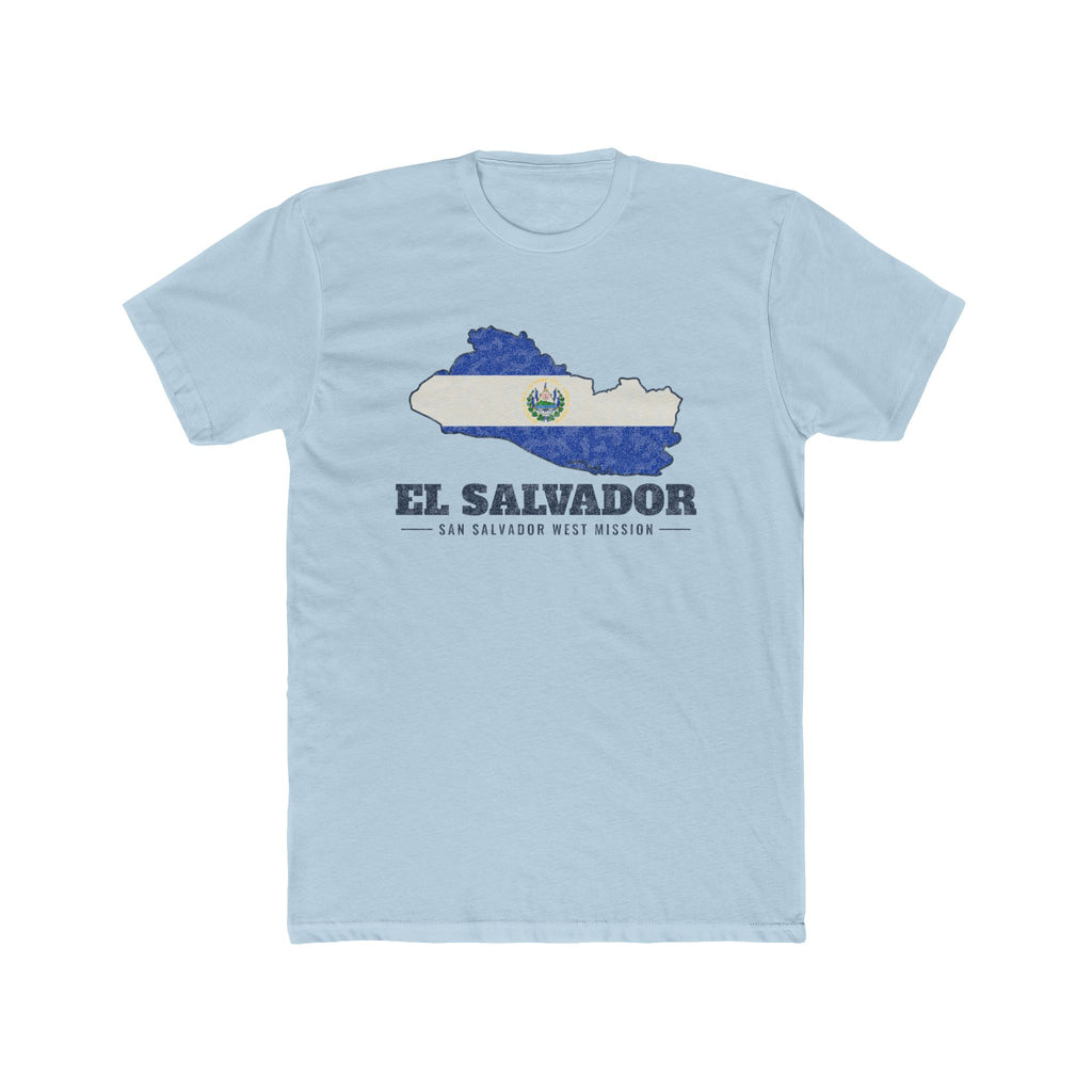 El Salvador San Salvador West Mission Flag Map shirt in Desert Pink: flag of El Salvador in the outline of El Salvador with navy lettering, front view