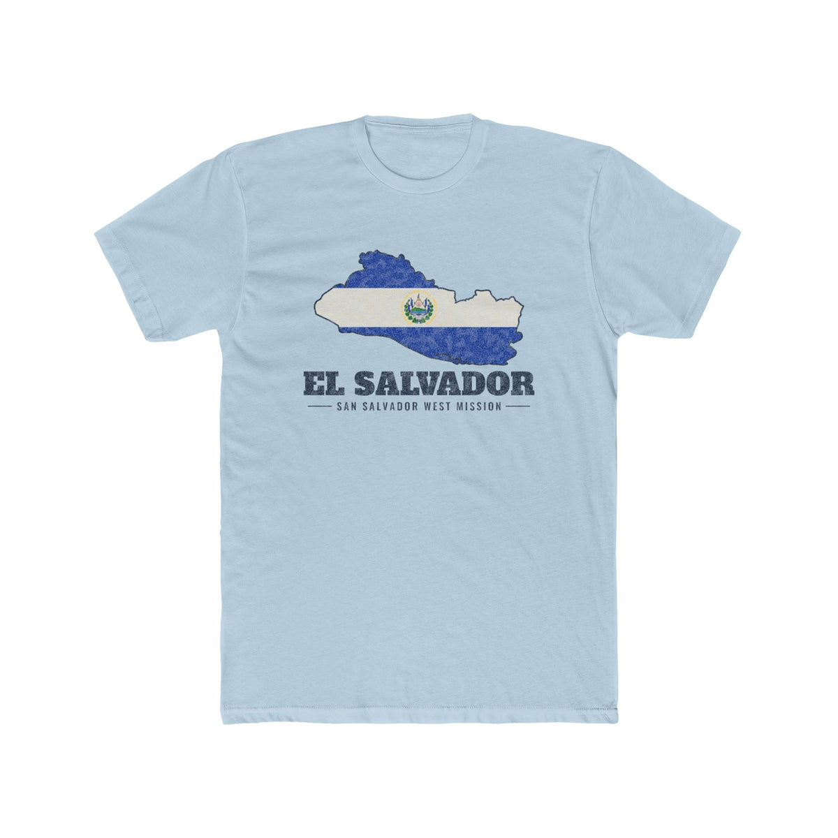 El Salvador San Salvador West Mission Flag Map shirt in Desert Pink: flag of El Salvador in the outline of El Salvador with navy lettering, front view