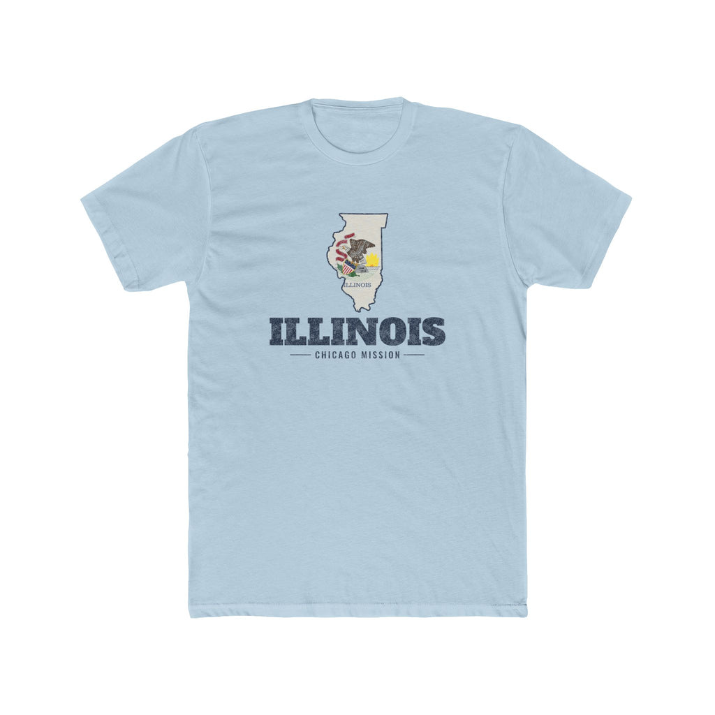 Illinois Chicago Mission Flag Map shirt in Desert Pink: Illinois state flag in the outline of Illinois with navy lettering, front view