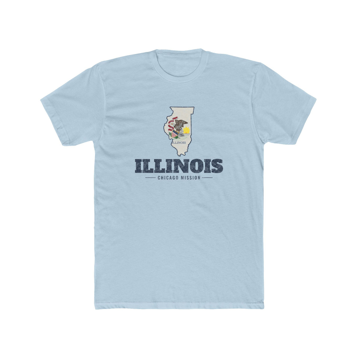 Illinois Chicago Mission Flag Map shirt in Desert Pink: Illinois state flag in the outline of Illinois with navy lettering, front view