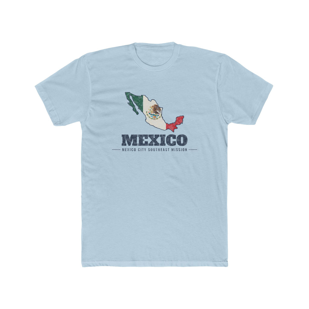 Mexico Mexico City Southeast Mission Flag Map shirt in Desert Pink: flag of Mexico in the outline of Mexico with navy lettering, front view