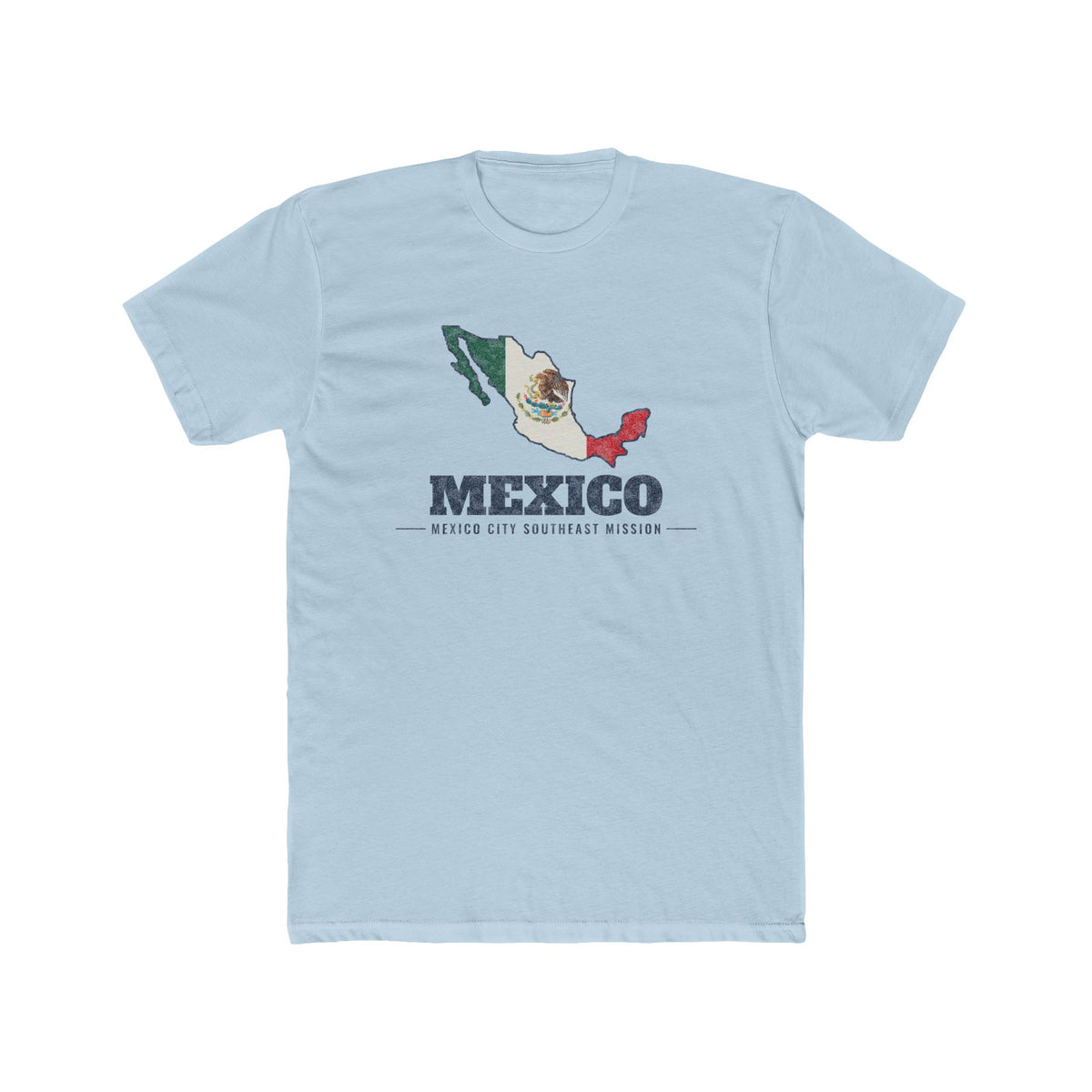 Mexico Mexico City Southeast Mission Flag Map shirt in Desert Pink: flag of Mexico in the outline of Mexico with navy lettering, front view