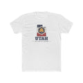 Utah Salt Lake City Mission Flag Map shirt in White: Utah state flag in the outline of Utah with navy lettering, front view