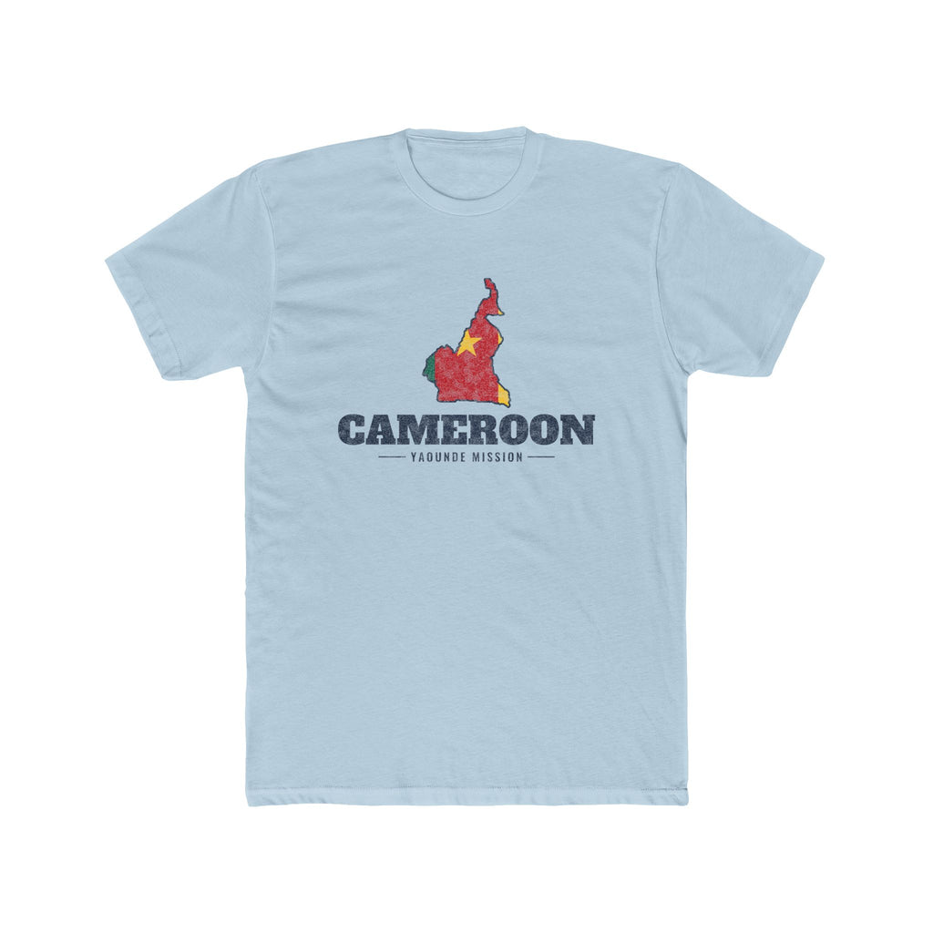 Cameroon Yaounde Mission Flag Map shirt in Desert Pink: flag of Cameroon in the outline of Cameroon with navy lettering, front view