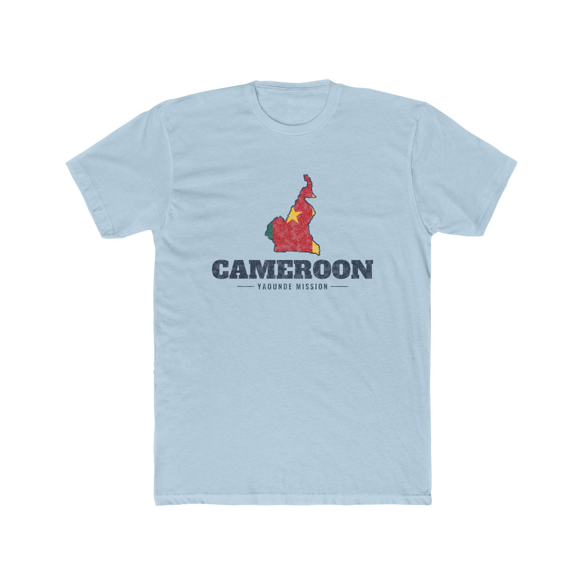 Cameroon Yaounde Mission Flag Map shirt in Desert Pink: flag of Cameroon in the outline of Cameroon with navy lettering, front view