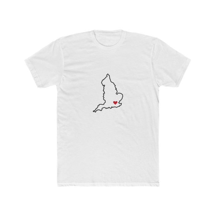 England London Mission Heart Map shirt in White: England outline with a red heart, front view