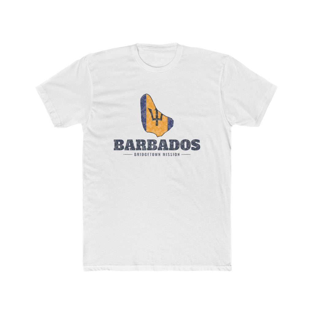 Barbados Bridgetown Mission Flag Map shirt in White: flag of Barbados in the outline of Barbados with navy lettering, front view