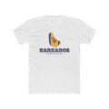 Barbados Bridgetown Mission Flag Map shirt in White: flag of Barbados in the outline of Barbados with navy lettering, front view