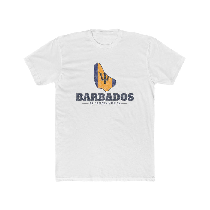 Barbados Bridgetown Mission Flag Map shirt in White: flag of Barbados in the outline of Barbados with navy lettering, front view
