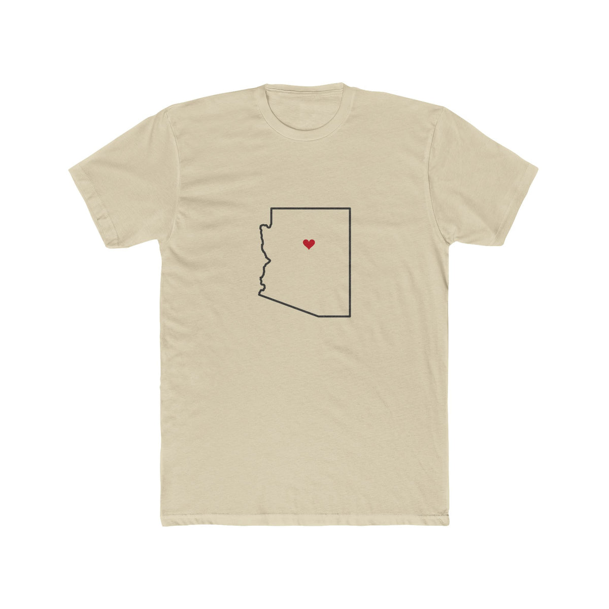 Arizona Flagstaff Mission Heart Map shirt in Cream: Arizona outline with a red heart, front view