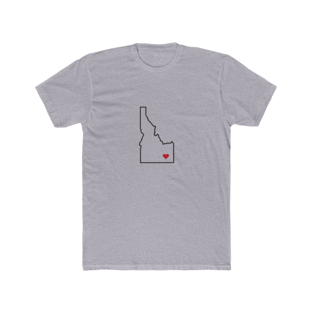 Idaho Pocatello Mission Heart Map shirt in Heather Grey: Idaho outline with a red heart, front view