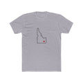 Idaho Pocatello Mission Heart Map shirt in Heather Grey: Idaho outline with a red heart, front view