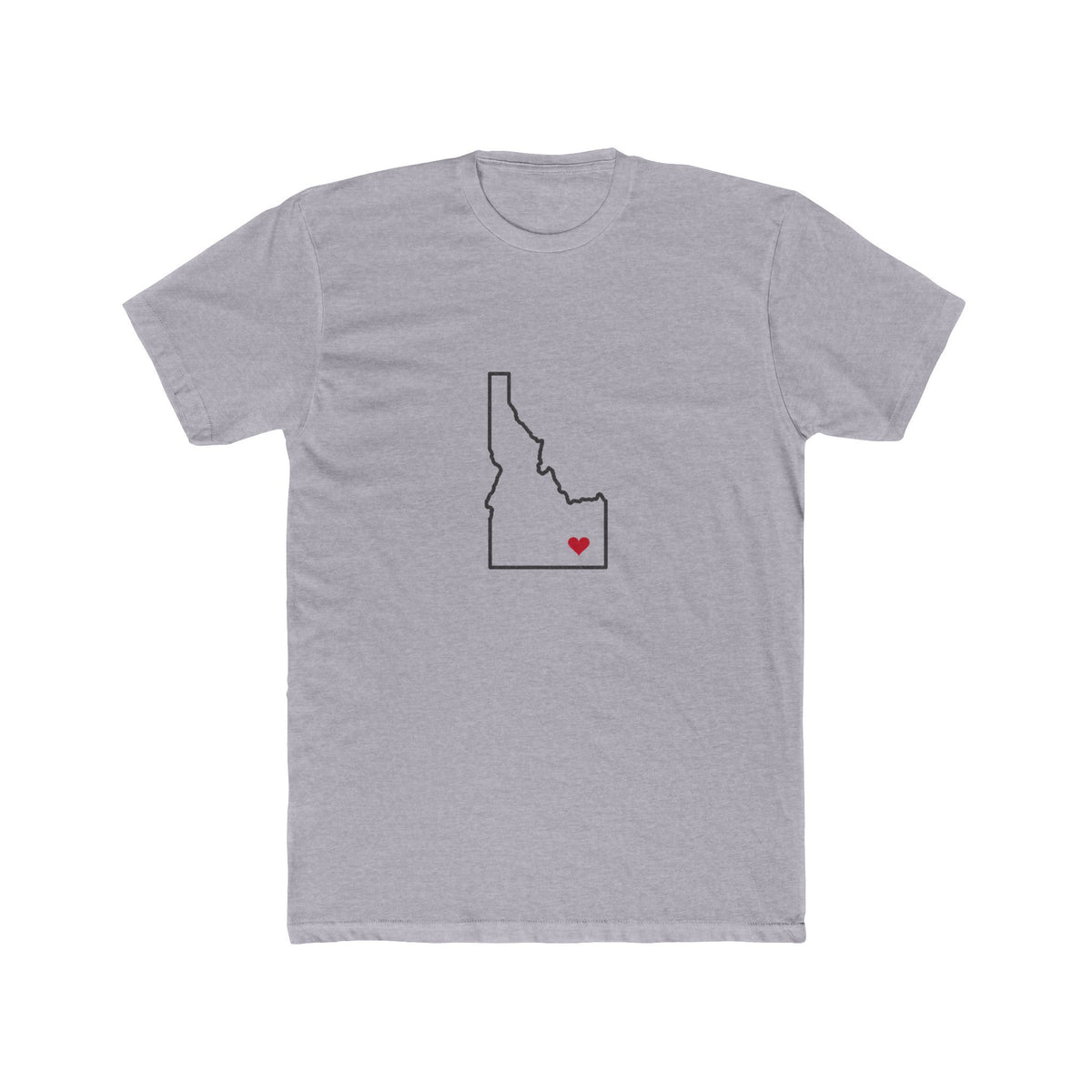 Idaho Pocatello Mission Heart Map shirt in Heather Grey: Idaho outline with a red heart, front view