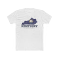 Kentucky Louisville Mission Flag Map shirt in White: Kentucky state flag in the outline of Kentucky with navy lettering, front view
